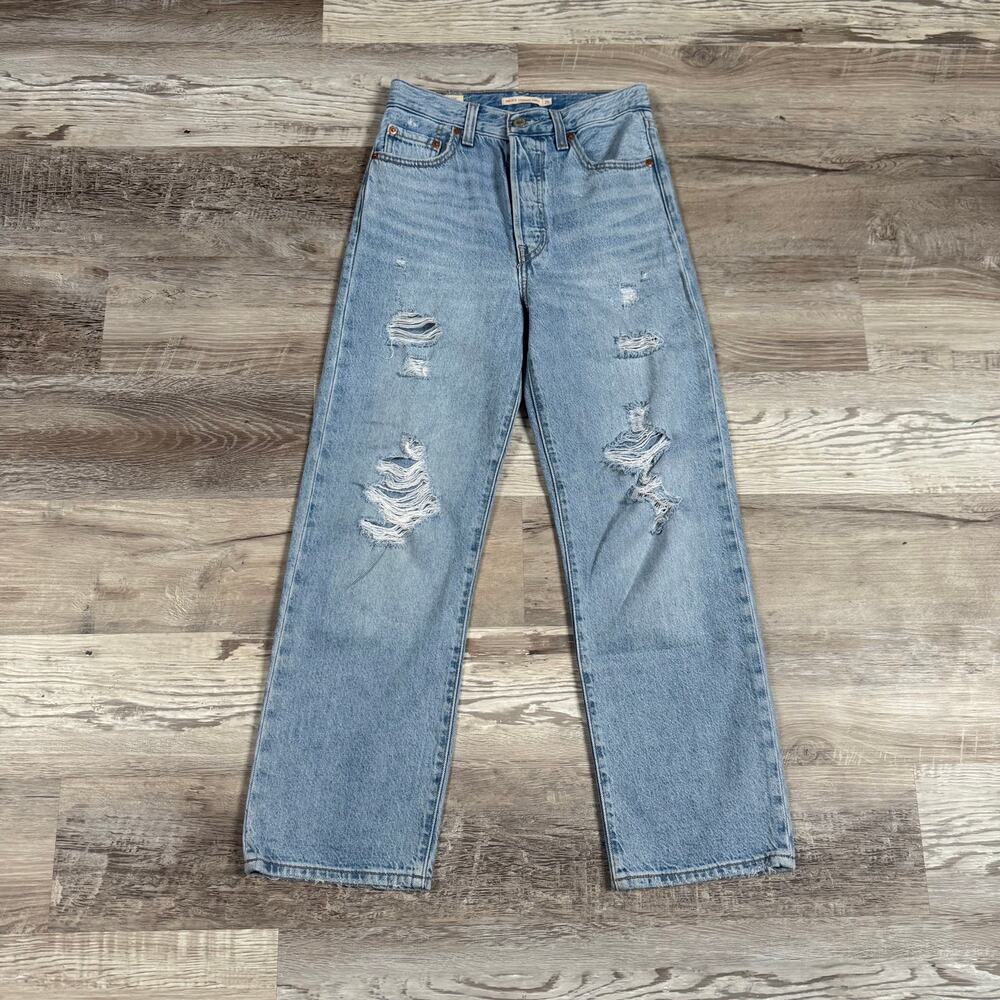 Levi's Premium Ribcage Straight Ankle Jeans Distressed Denim High Rise 25